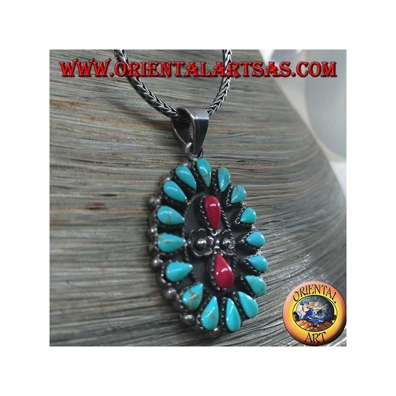 Colgante de plata, escudo con turquesa nativa y dos corales (indios americanos)