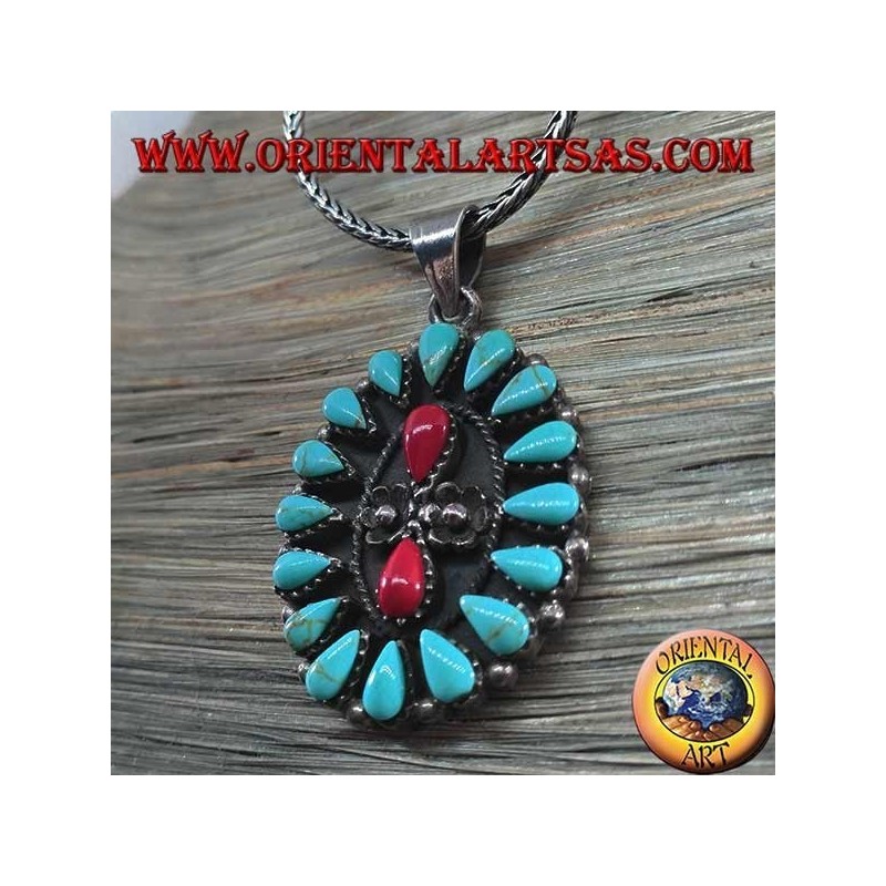 Silver pendant, shield with native turquoise and two corals (American Indians)
