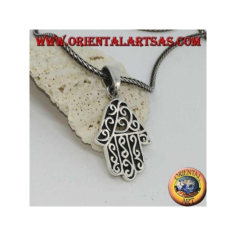 Silver pendant, hand of Fatima with wavy decorations and openwork on one side