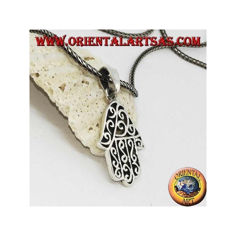 Silver pendant, hand of Fatima with wavy decorations and openwork on one side