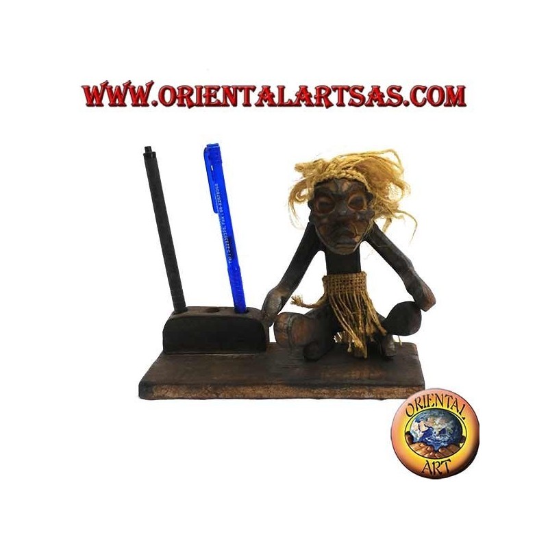 Pen holder with sculpture of a primitive man in teak wood