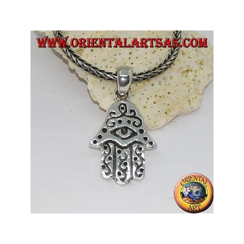 Pendentif en argent à la main de Fatima avec des yeux et des décorations en bas-relief