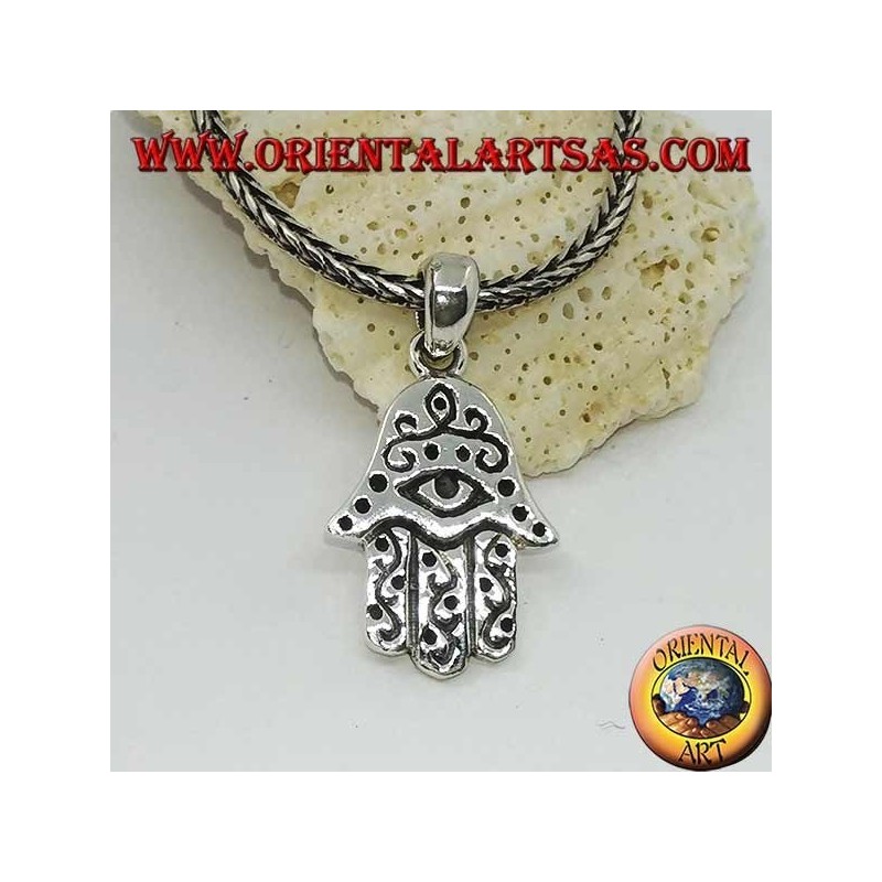 Silberne Hand von Fatima mit Augen- und Flachreliefdekorationen
