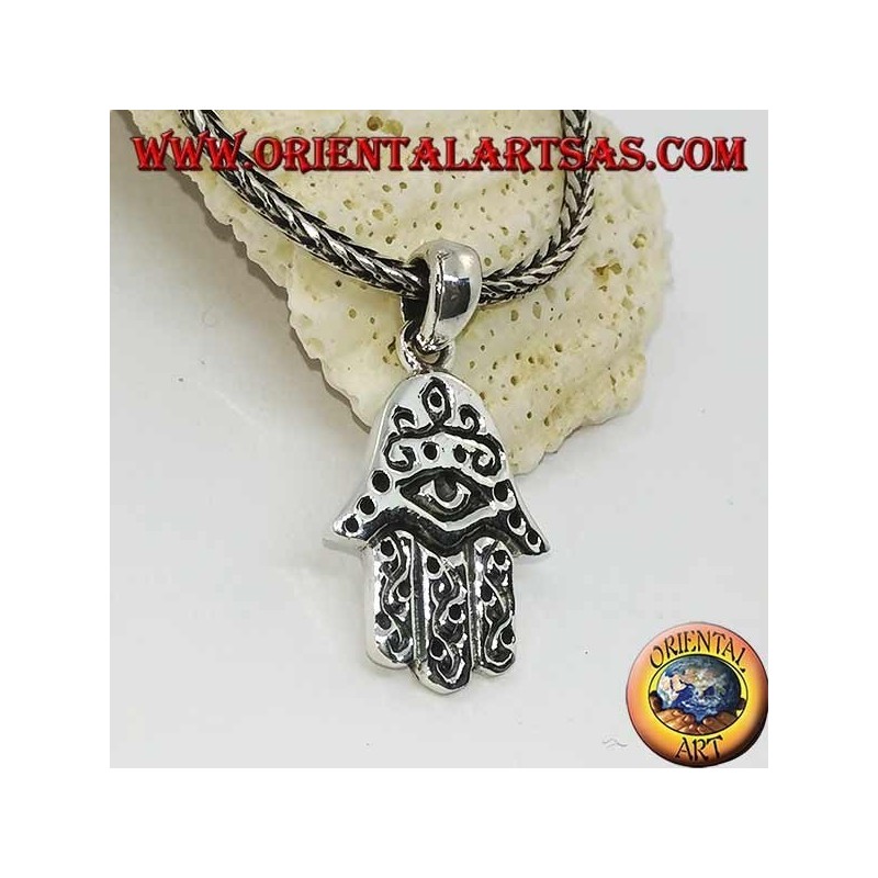 Colgante de plata de la mano de Fátima con ojos y decoraciones en bajorrelieve