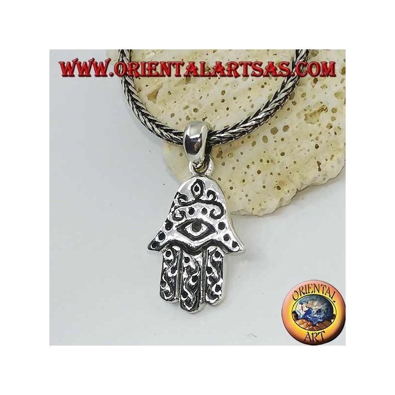 Ciondolo in argento mano di Fatima con occhio e decorazioni in bassorilievo