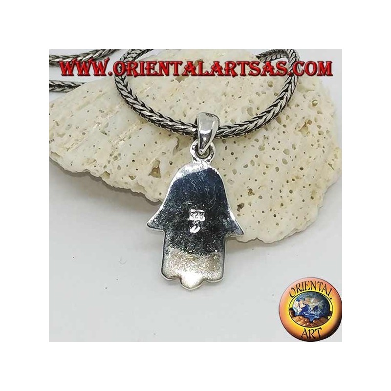Ciondolo in argento mano di Fatima con occhio e decorazioni in bassorilievo