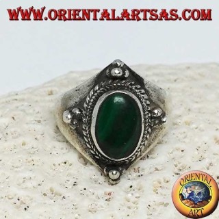 Silver ring with oval malachite and ball decorations