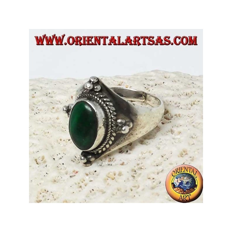 Silver ring with oval malachite and ball decorations