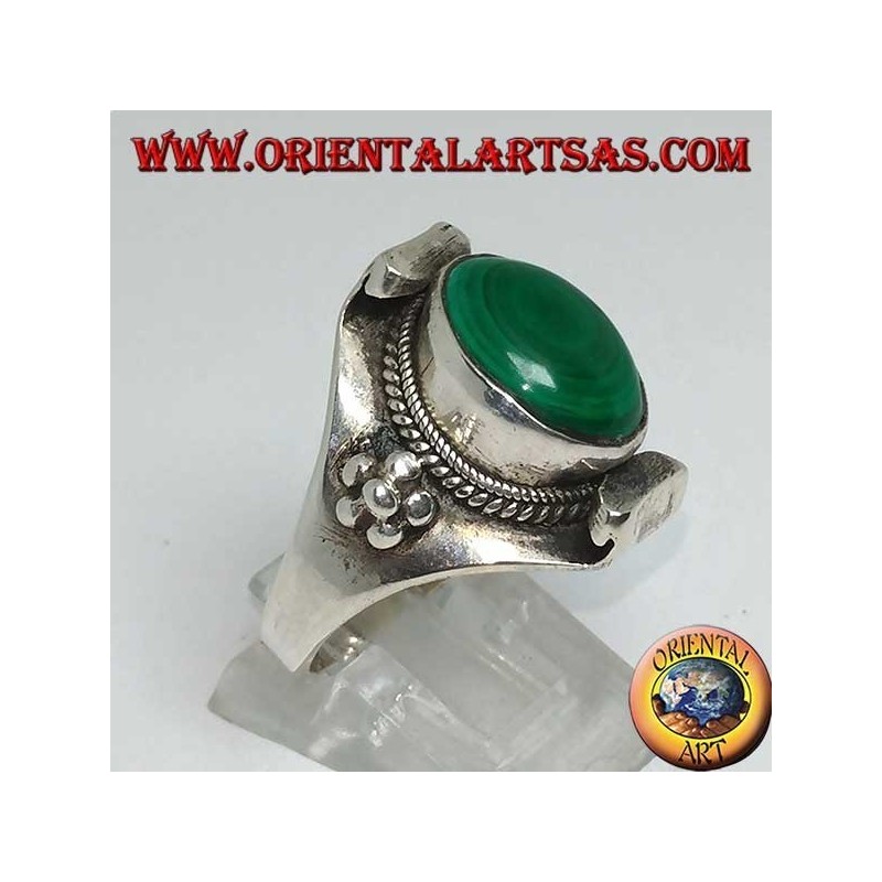 Nepalese style oval malachite silver ring