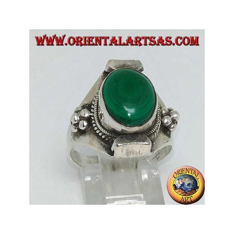 Nepalese style oval malachite silver ring
