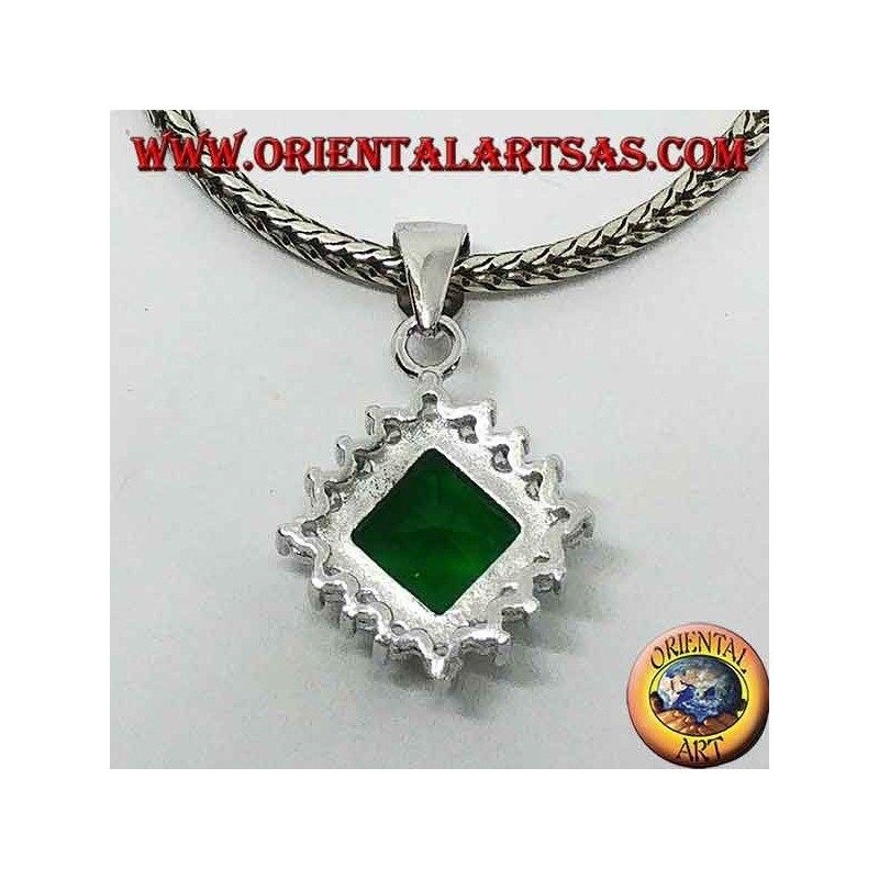 Silver pendant with square emerald colored Zircon surrounded by cubic zirconia