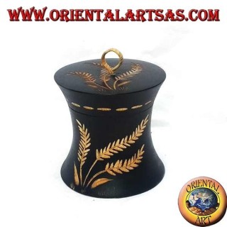 Cylindrical box in mahogany wood with hand-carved agricultural decorations
