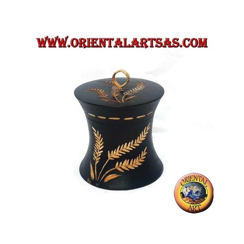 Cylindrical box in mahogany wood with hand-carved agricultural decorations