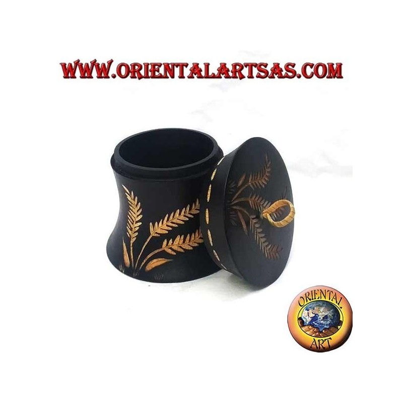 Boîte cylindrique en bois d'acajou avec décorations agricoles sculptées à la main