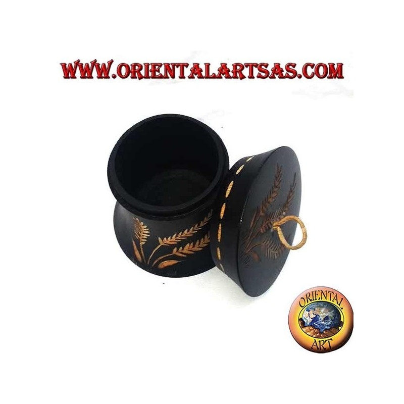 Cylindrical box in mahogany wood with hand-carved agricultural decorations
