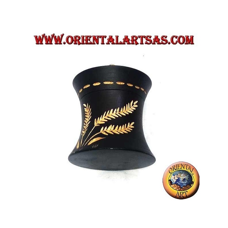 Scatola cilindrica in legno di mogano con decorazioni agrarie intagliate a mano 