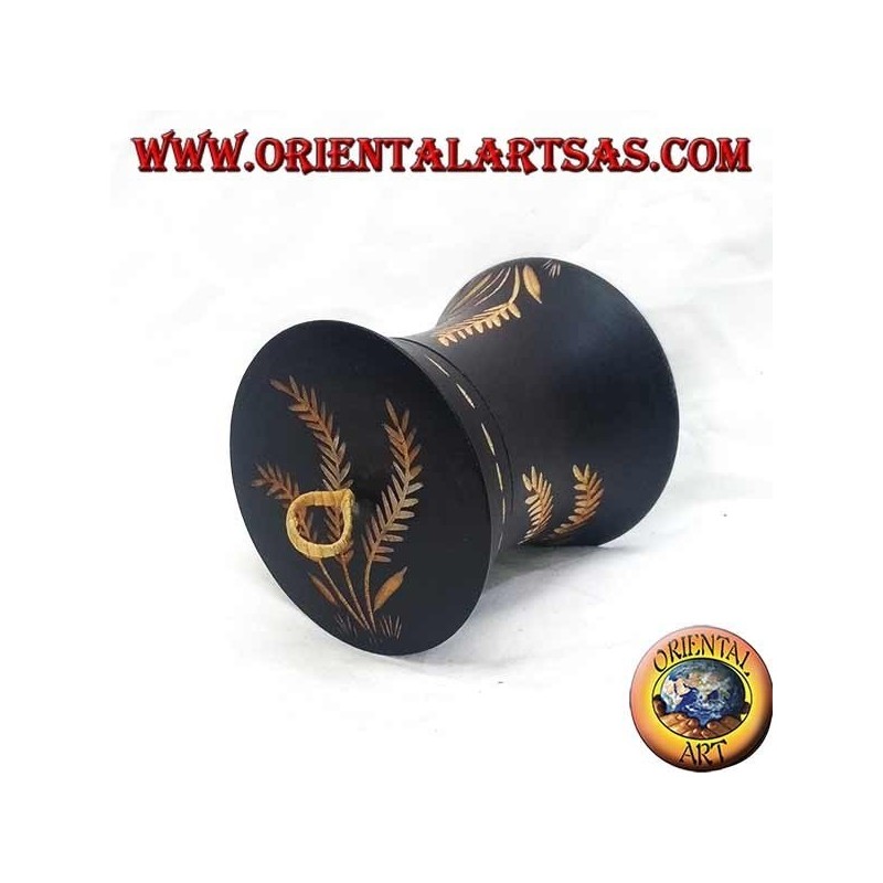 Cylindrical box in mahogany wood with hand-carved agricultural decorations