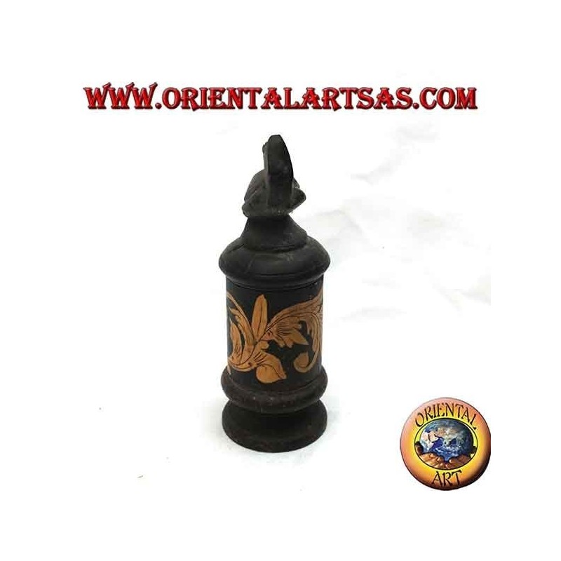 Cylindrical jewelry box with floral engravings in bamboo and mahogany wood turtle