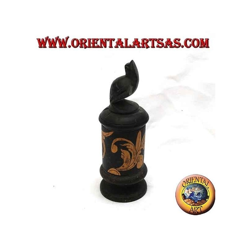 Cylindrical jewelry box with floral engravings in bamboo and mahogany wood turtle