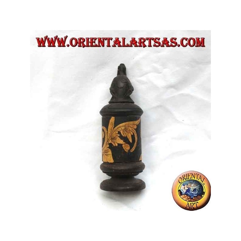 Zylindrische Schmuckschatulle mit floralen Gravuren aus Schildkröte aus Bambus und Mahagoniholz