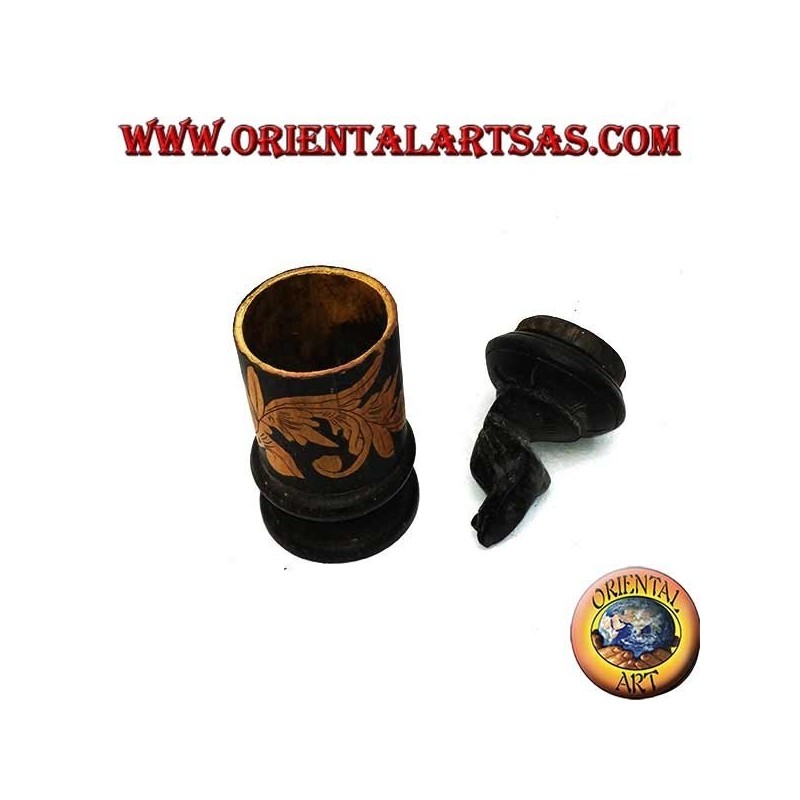 Cylindrical jewelry box with floral engravings in bamboo and mahogany wood turtle