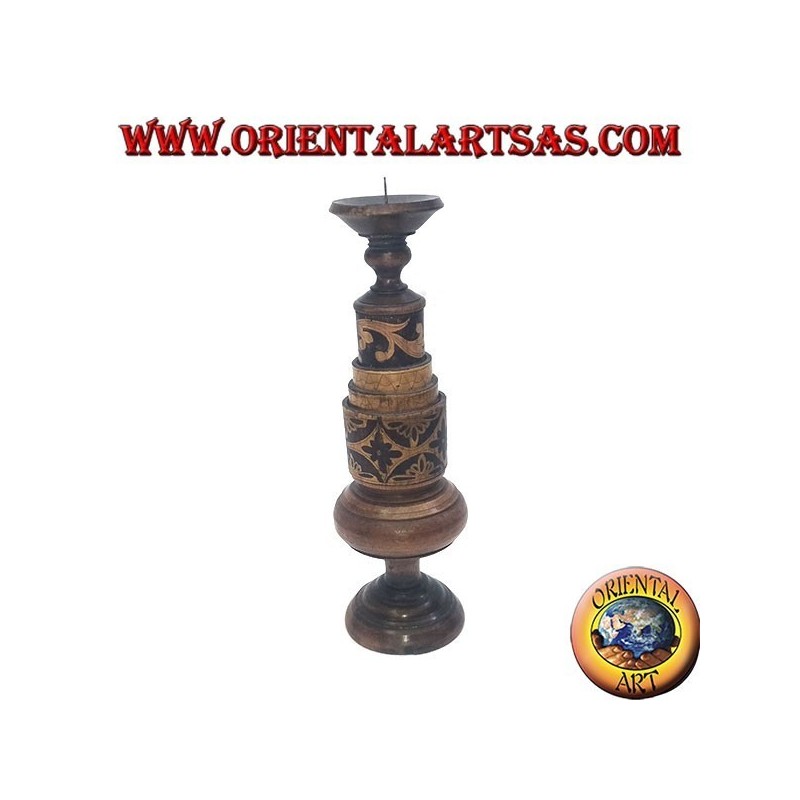 Cylindrical candle holder with floral engravings in mahogany wood (low)