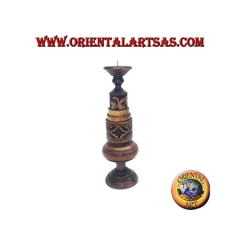 Cylindrical candle holder with floral engravings in mahogany wood (low)