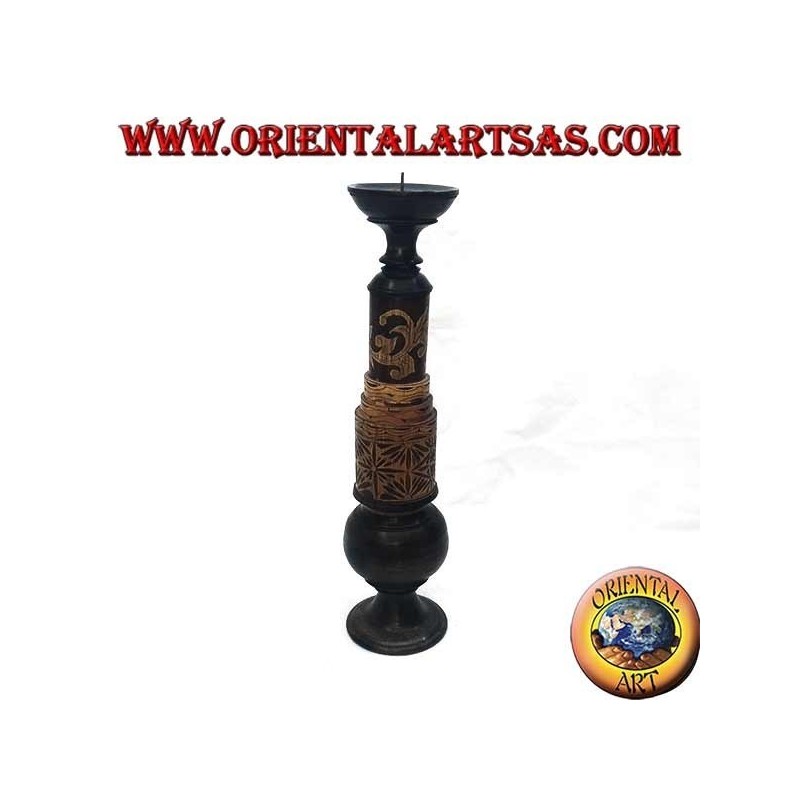 Cylindrical candle holder with floral engravings in mahogany wood (high)
