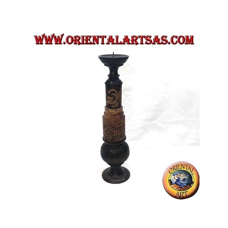 Cylindrical candle holder with floral engravings in mahogany wood (high)