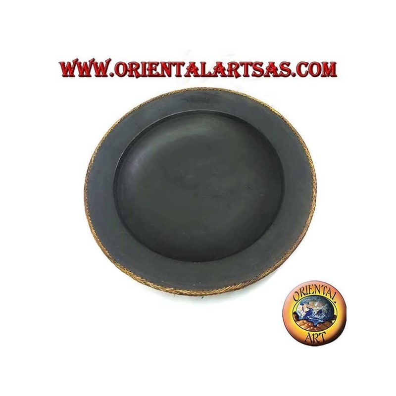 Grand plateau de poche en bois d'acajou avec bordure en osier tressé