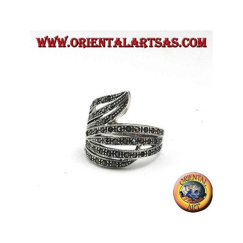 Helical band silver ring with marcasite