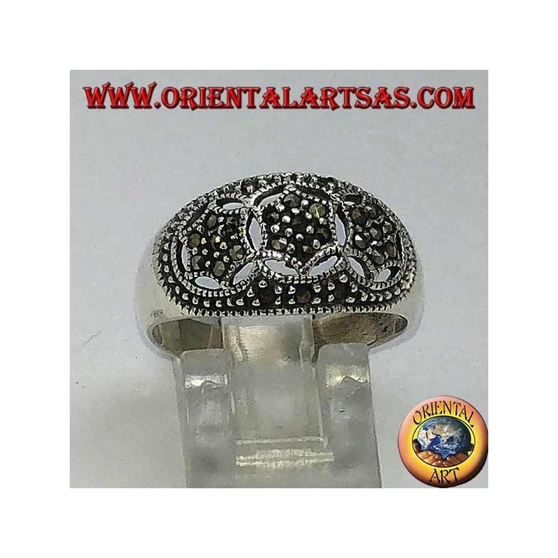Rounded silver ring with three six-pointed stars in marcasite