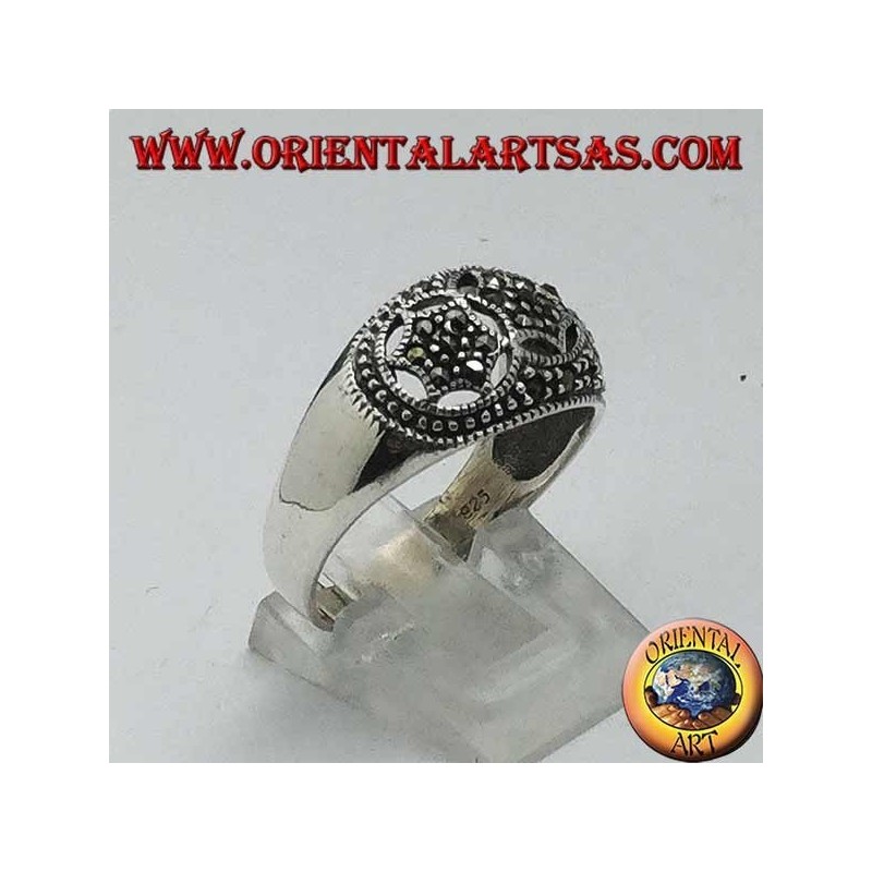 Rounded silver ring with three six-pointed stars in marcasite