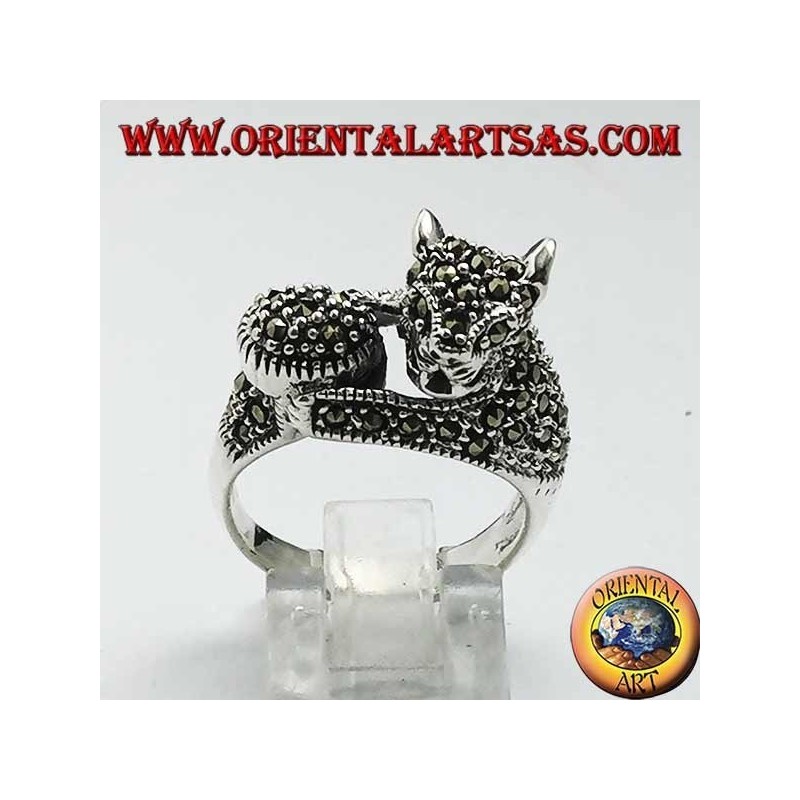 Silver ring, cat with marcasite ball