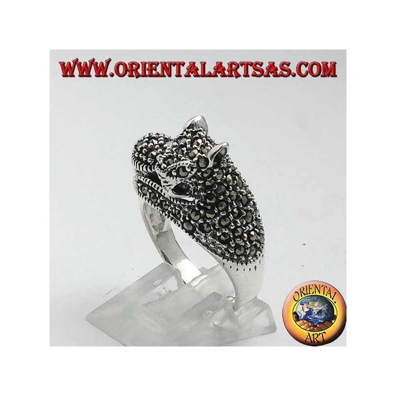 Silver ring, cat with marcasite ball