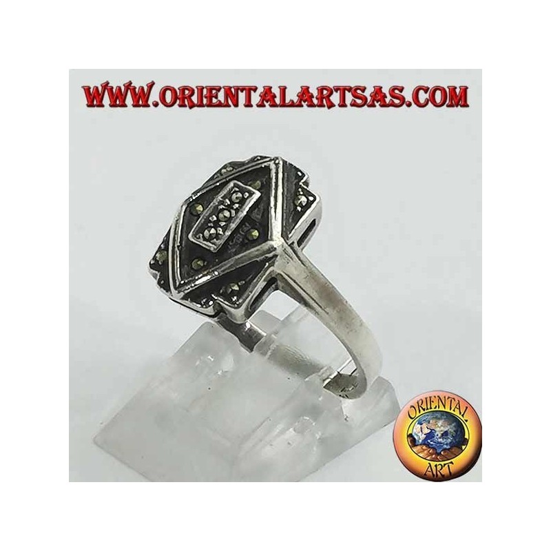 Silver ring, overlapping rectangle and rhombus in marcasite