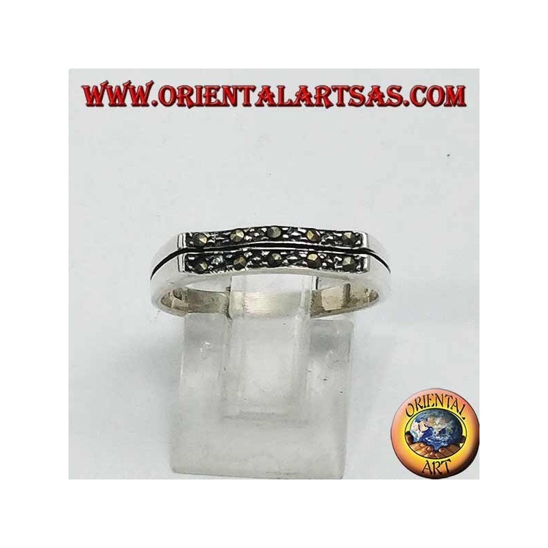 Silver ring, wavy rectangle in marcasite