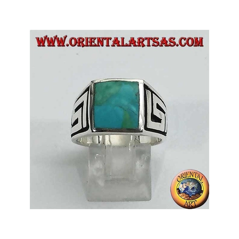 Silver ring with square natural turquoise and labyrinth on the sides