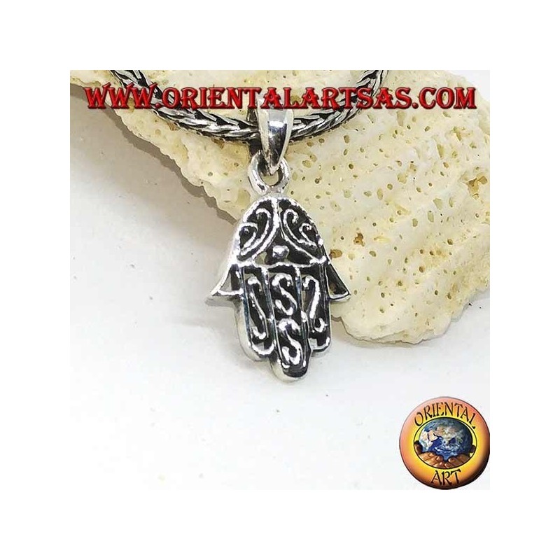 Pendentif en argent à la main de Fatima percé de décorations arabes