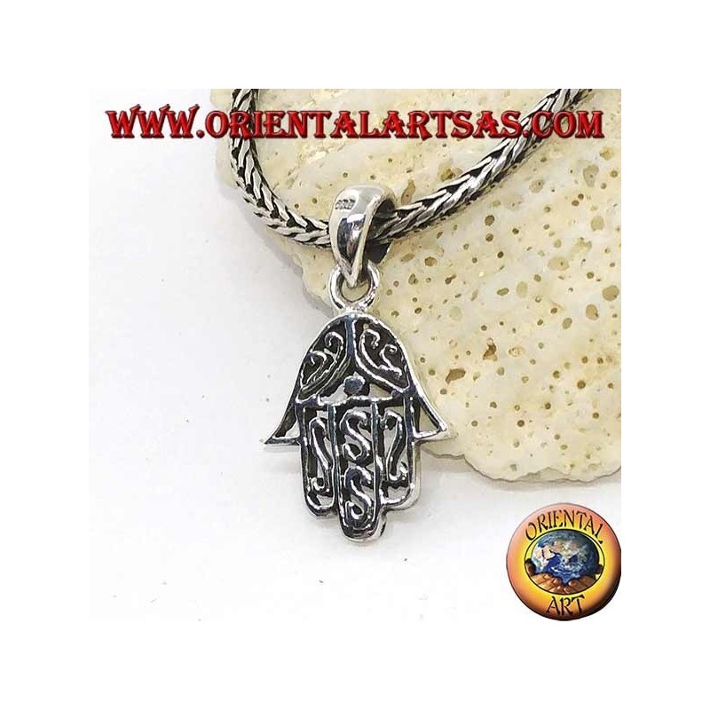 Silver pendant hand of Fatima pierced with arabic decorations