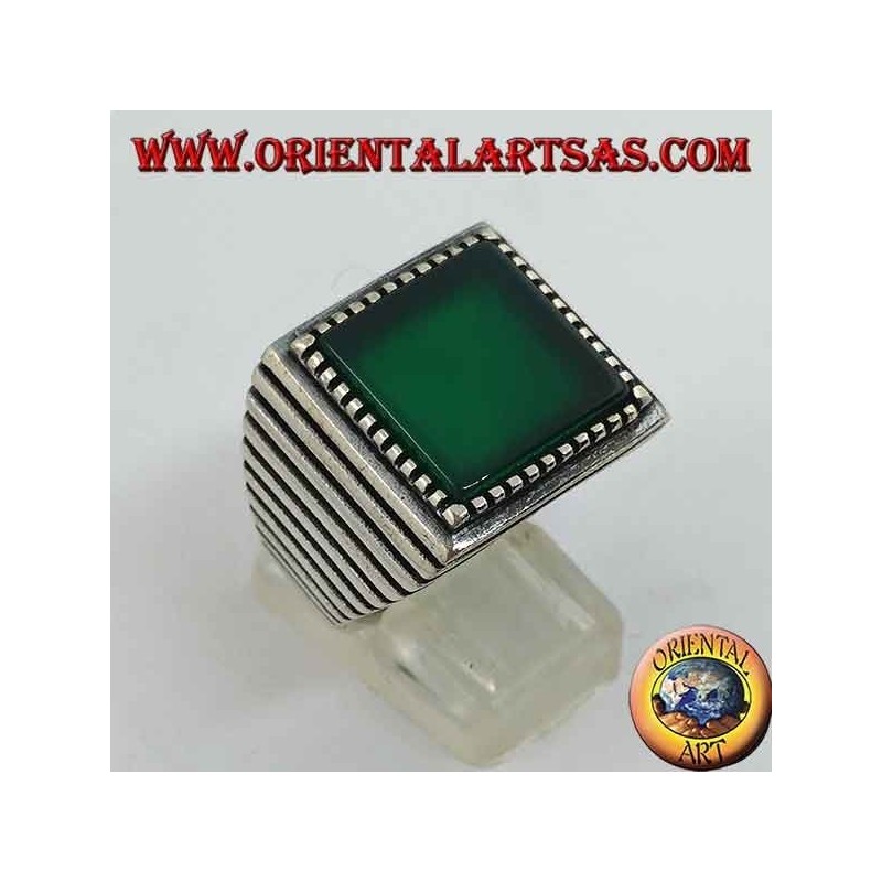 Silver ring with large square green agate, striped on the sides