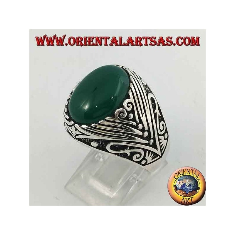Silver ring with oval green agate cabochon with deep lateral engravings