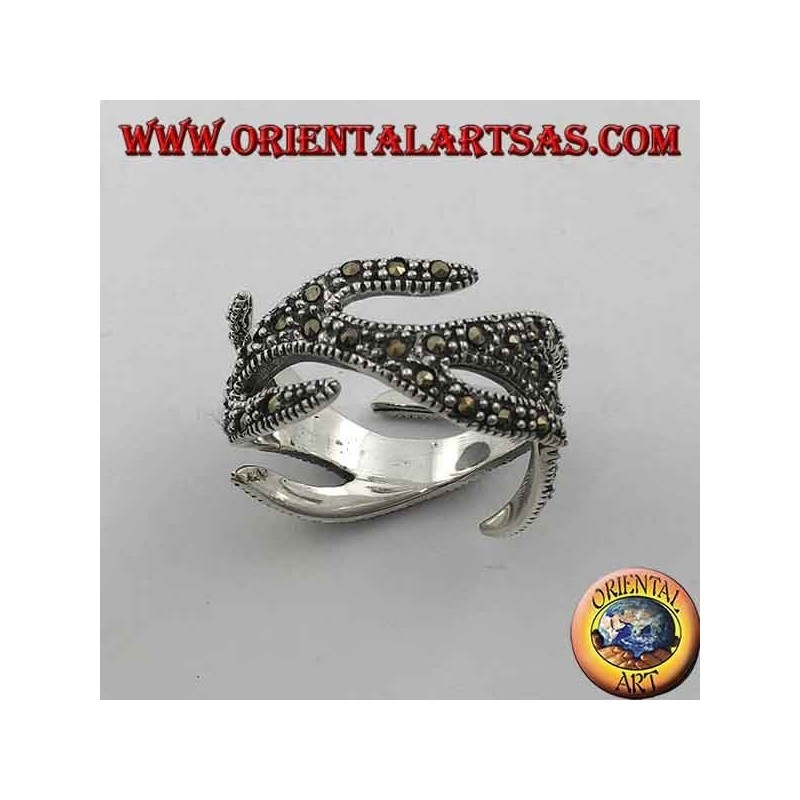 Bague en argent avec marcassite, motif de feu sculpté