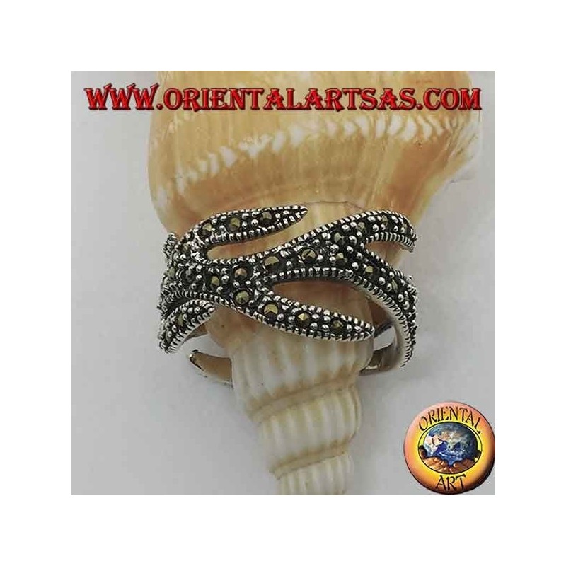 Bague en argent avec marcassite, motif de feu sculpté