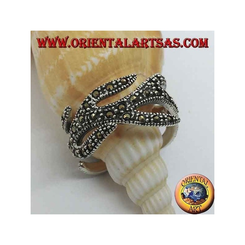 Silver ring, cat with marcasite ball