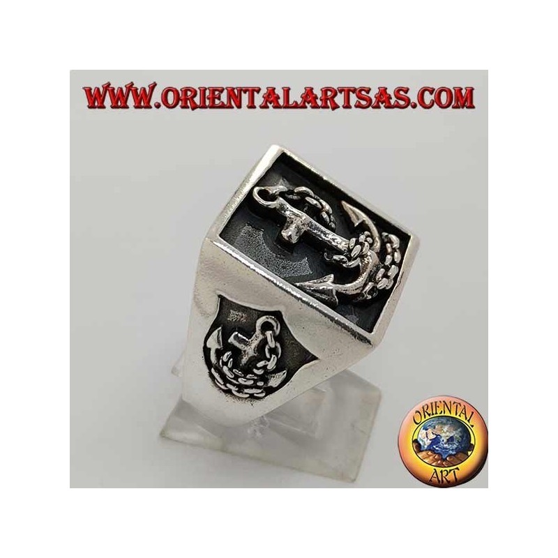 Anello in argento sigillo quadrato con àncora