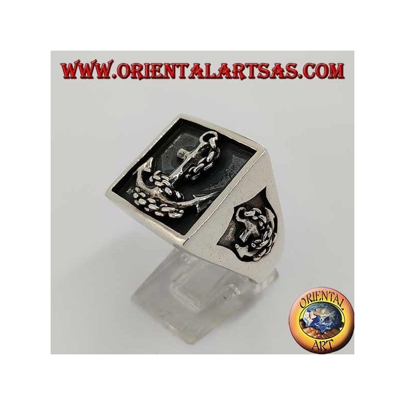 Anello in argento sigillo quadrato con àncora