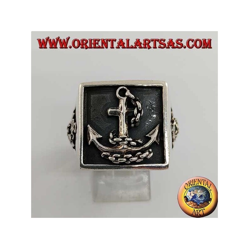 Silver ring with square seal and anchor