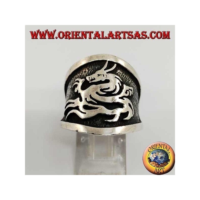 Wide band silver ring with dragon in high relief