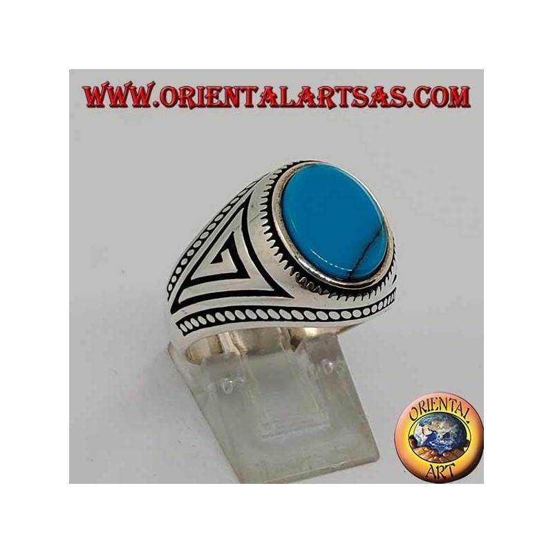 Bague en argent avec turquoise ovale plate avec tresse sur les bords de la bague